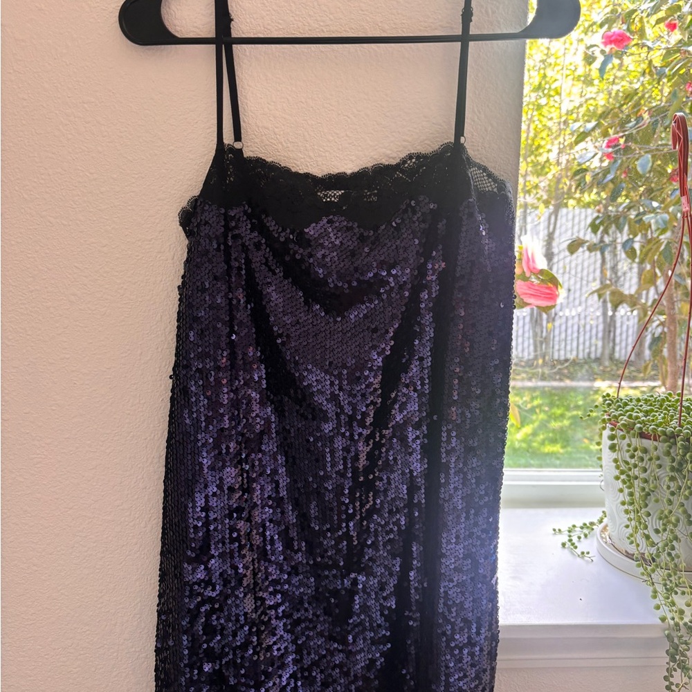 Reformation Purple Sequin Dress with Black Lace Trim